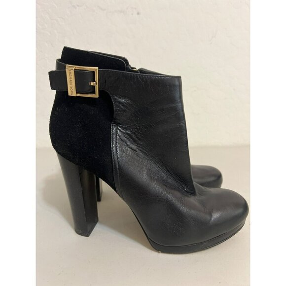 Michael Michael Kors Stacked Heel Bootie Gold Zipper Leather Suede Mix Sz 8.5 - Picture 5 of 11